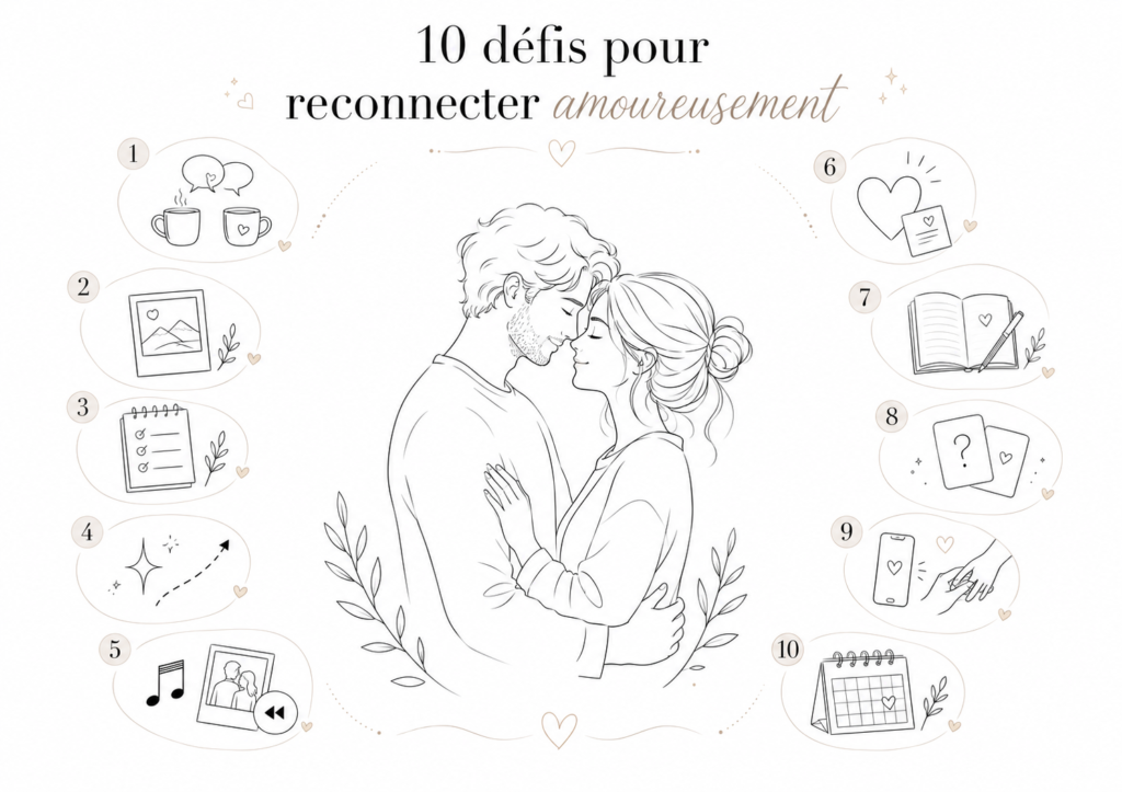 Illustration minimaliste présentant 10 défis simples pour reconnecter amoureusement au quotidien.