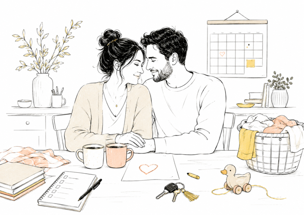 Illustration épurée d’un couple qui cherche à recréer un moment de connexion amoureuse dans le quotidien familial.