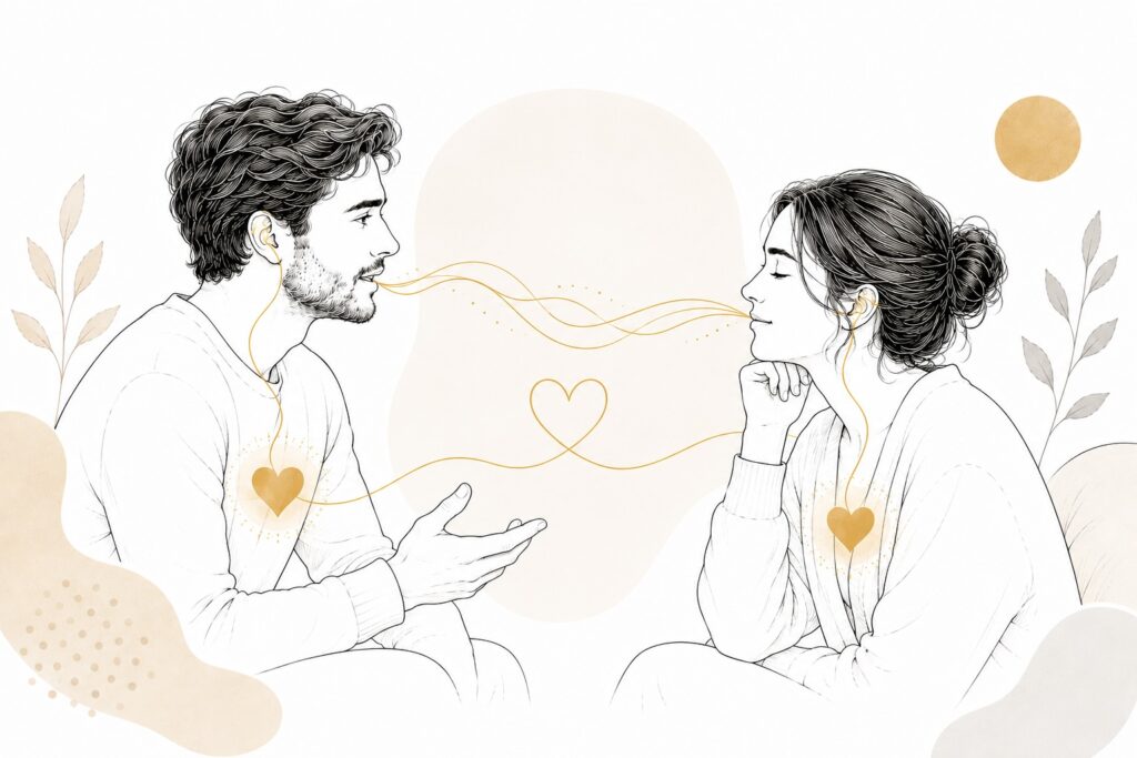 Couple en discussion illustrant l'écoute active et la communication bienveillante.