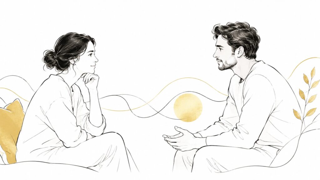 Illustration minimaliste d’un couple qui danse, symbole d’écoute, de communication et d’ajustement dans la relation de couple.