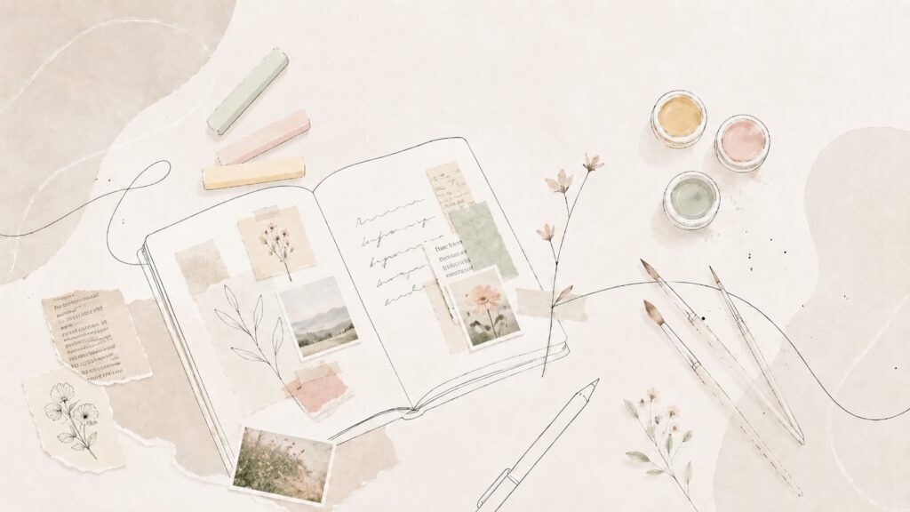 Illustration minimaliste d’un journal créatif avec cahier ouvert, pastels, pinceaux, peinture et images découpées