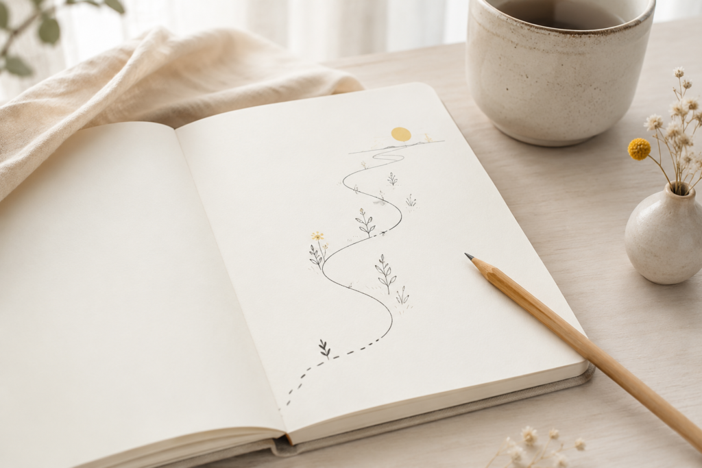 Carnet ouvert avec un chemin dessiné pour illustrer comment commencer à travailler son manque de confiance en soi.